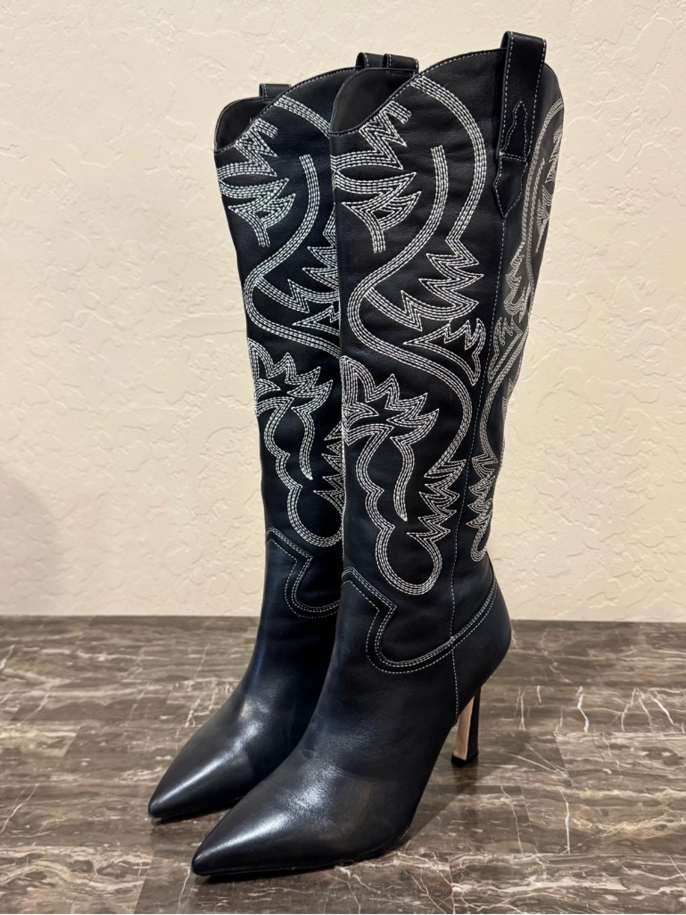 Antonio Melani Embroidered Leather Knee High Heeled Cowboy Boots - Picture 4 of 14